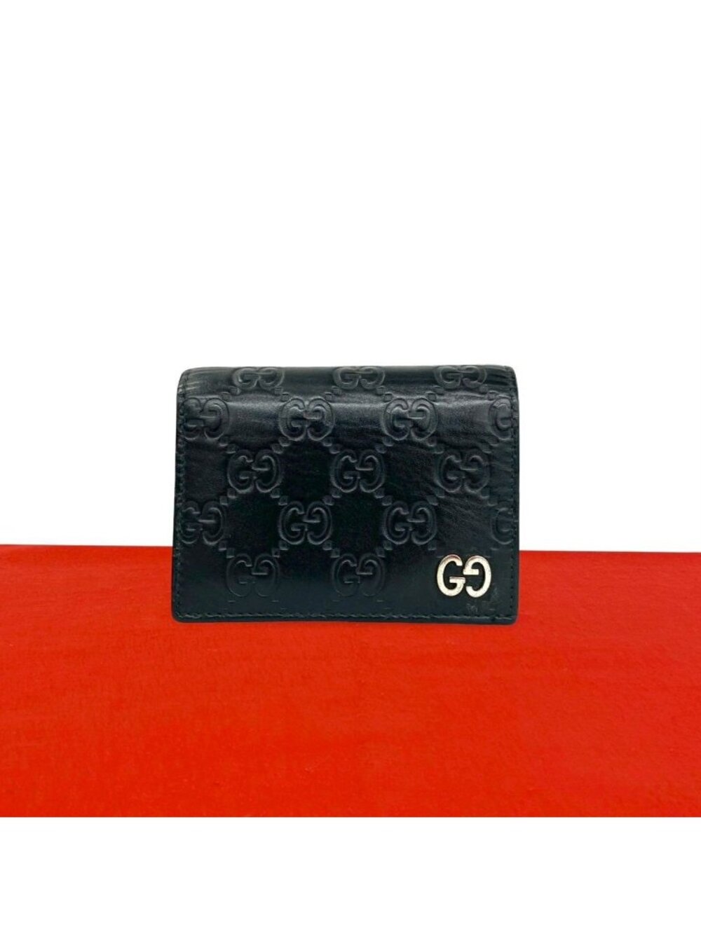 Gucci Box GG Logo Guccissima Leather Bifold Wallet Mini Card Case Black
